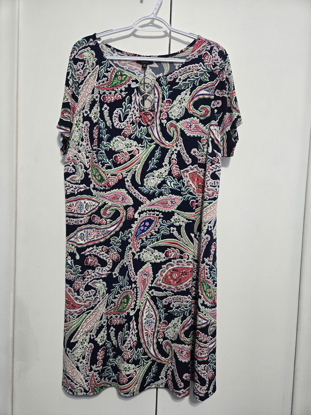 MSK Women 2X Paisley Shift Dress Navy Pink Short Sleeve Plus Size